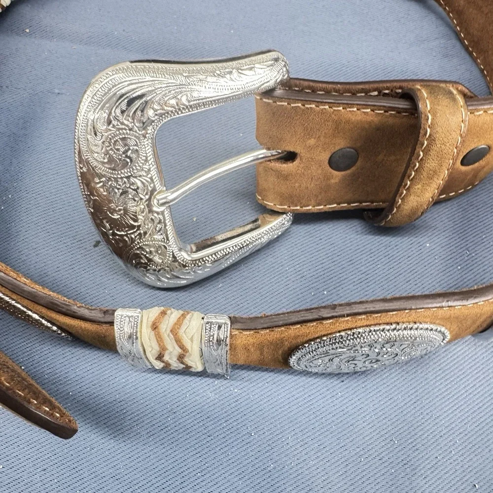 Tony Lama Western Belt Mens 42 Brown Leather Concho Rawhide Whipstitch Rodeo